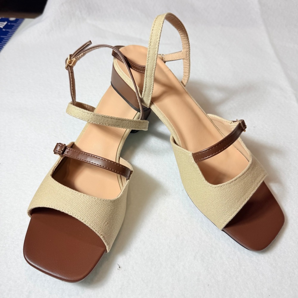 Unbranded Beige Brown Canvas Slingback Low Block Heel Sandals Square Toe Sz 9